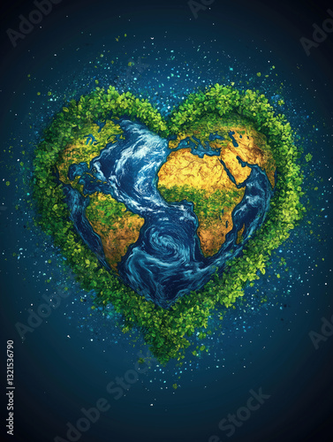 Heart-shaped Earth surrounded by lush greenery symbolizes environmental love