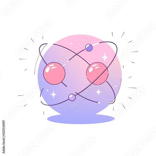 Vector illustration of a stylized atom with orbiting electrons in soft pastel colors, symbolizing science, physics, and molecular structure.