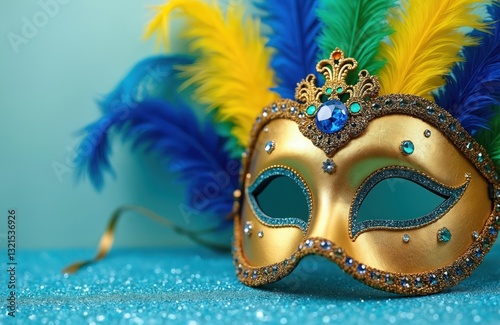 Carnival venetian mask decorated with feathers, gems. Gold masquerade, party mood. Elegant Mardi Gras carnival face wear with glamour details, blue glitter sparkles. Holiday background with copy
