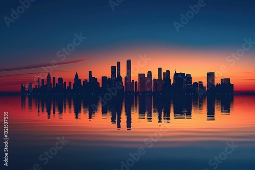Obraz na płótnie A stunning skyline at sunset, reflecting on calm water, showcasing modern architecture against a gradient sky of vibrant colors. w salonie