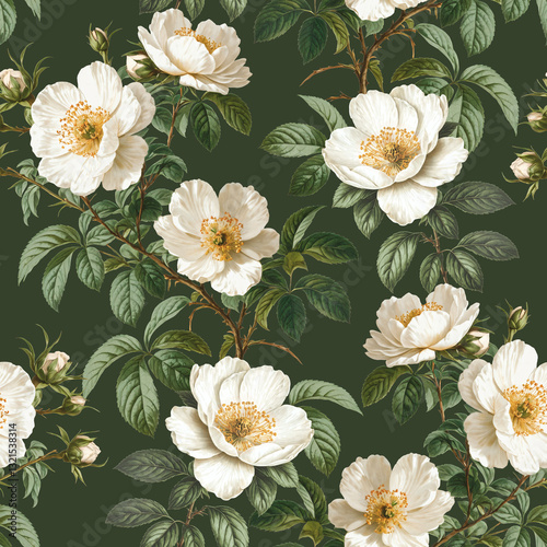 Seamless pattern design with victorian watercolor illustrations of dog rose flowers. Perfect for fabrics, wallpapers, clothes, home textile, packaging design, posters and other prints
