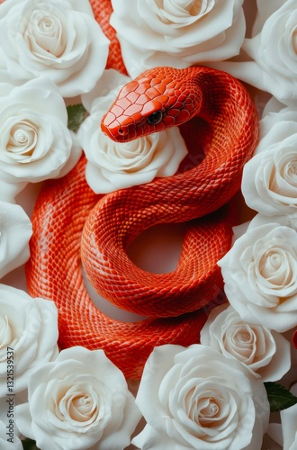 Red snake among white roses.