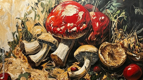 A vibrant still life oil painting of mushrooms and berries