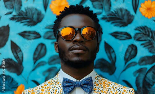stylish black man with sunglasses in a floral jacket. A handsome man looking at the camera