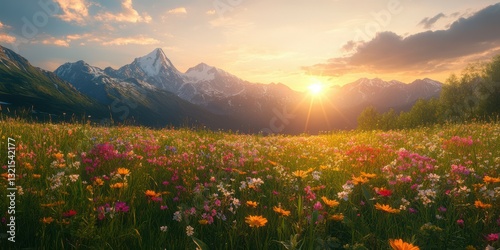 Scenic sunset view over a vibrant wildflower meadow with mountains in the background near a serene landscape