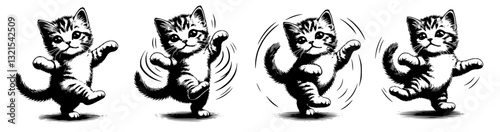 four vector drawings of a dancing funny kitten