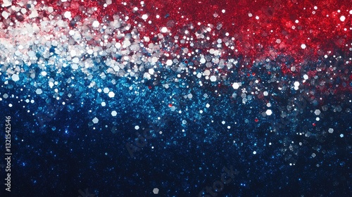 Abstract glitter background with red, white, and blue bokeh effects, creating a festive atmosphere for celebrations
