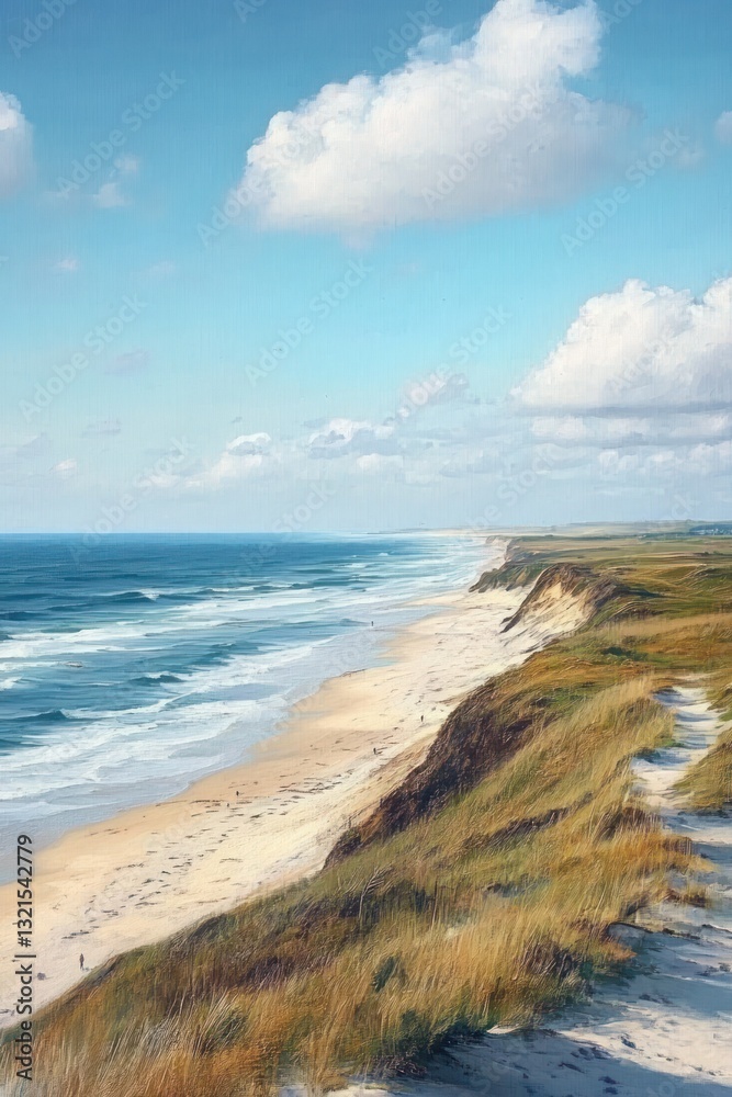Summer Coastal Landscape at Søndervig Beach in Denmark with Sandy Dunes and Calm Ocean under Cloudy Sky Summer Coastal Landscape at Søndervig Beach in Denmark with Sandy Dunes and Calm Ocean under Cloudy Sky