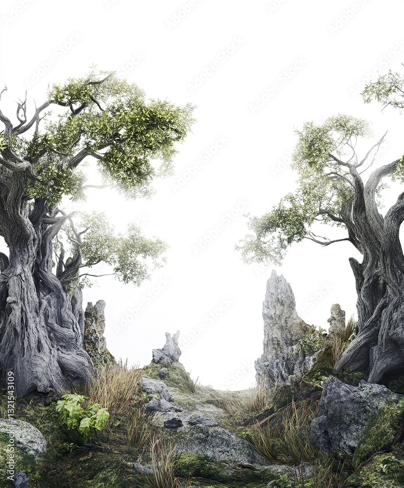 whimsical fairytale forest with towering ancient trees