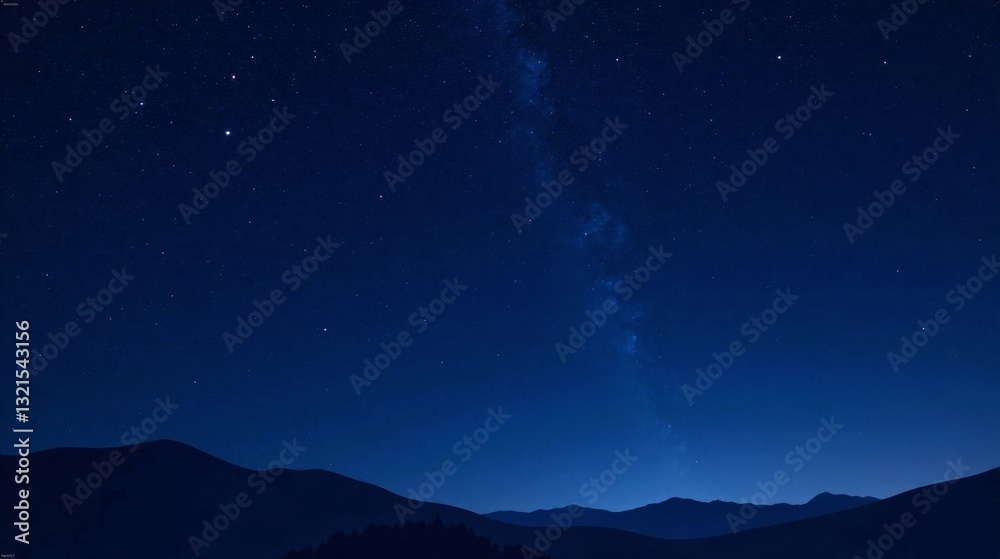 Serene Night Sky Over Silhouetted Mountain Range, A Celestial Panorama of Stars and Galaxies Serene Night Sky Over Silhouetted Mountain Range, A Celestial Panorama of Stars and Galaxies