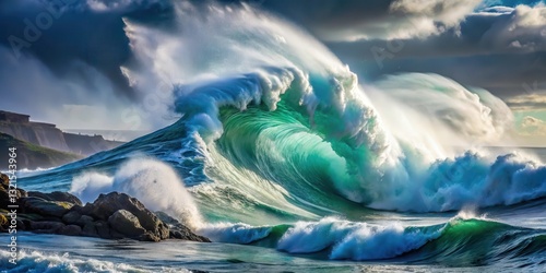 Powerful wave crashing in the ocean with spray flying high into air, ocean fury