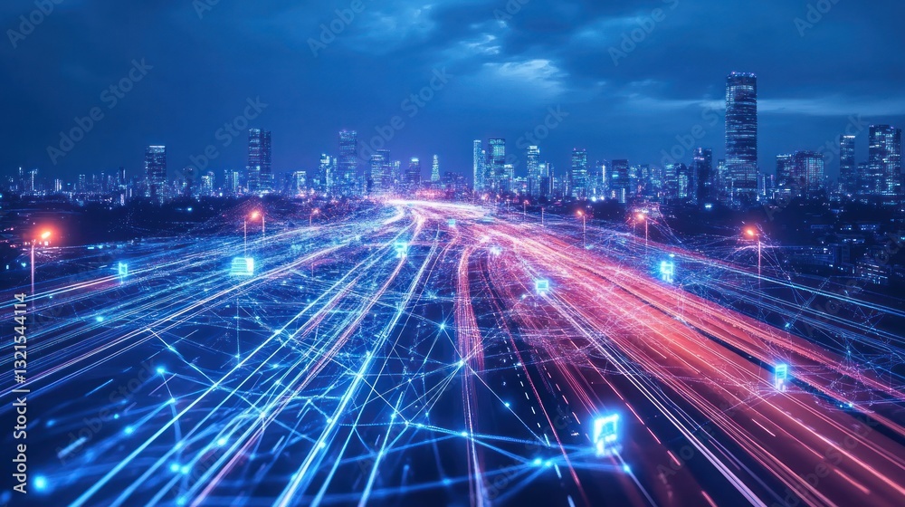 Futuristic Skyline with Abstract Data Flow and Modern Infrastructure Concept Futuristic Skyline with Abstract Data Flow and Modern Infrastructure Concept