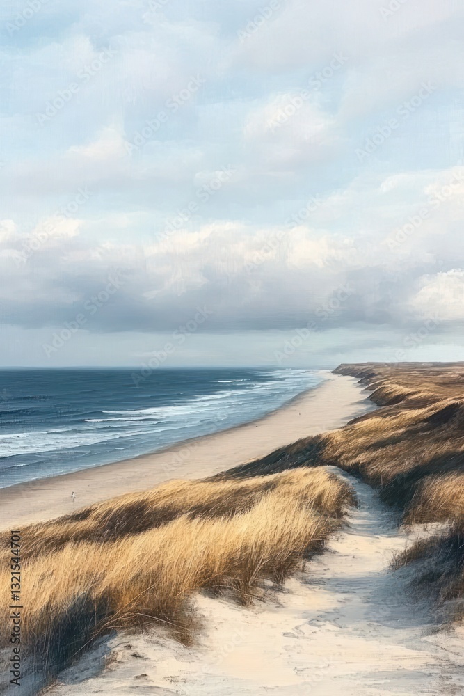 Serene Coastal Landscape with Sandy Dunes and Calm Ocean in Summer Sunlight