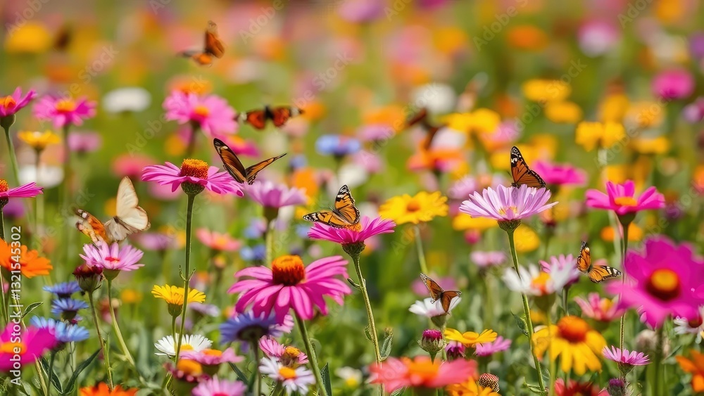 Colorful flowers in a field with butterflies fluttering around, summer, butterflies Colorful flowers in a field with butterflies fluttering around, summer, butterflies