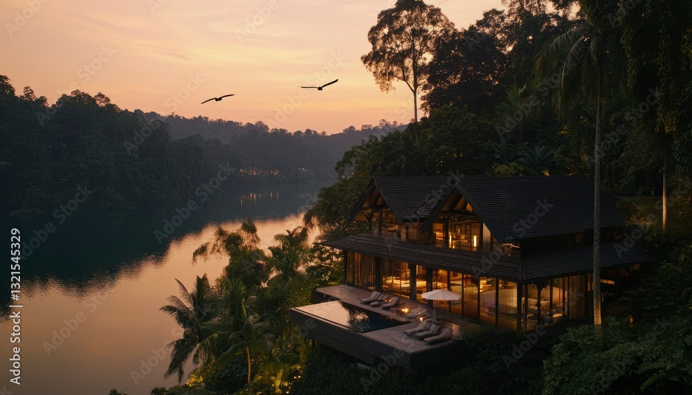 Fototapeta premium Luxurious riverside estate at twilight