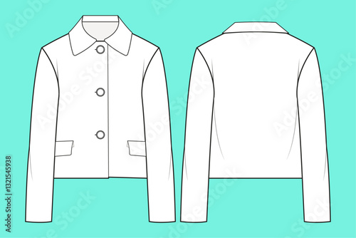  Ladies Formalwear Crop Suit Front and Back with Black and White Outline technical fashion flat sketch CAD.