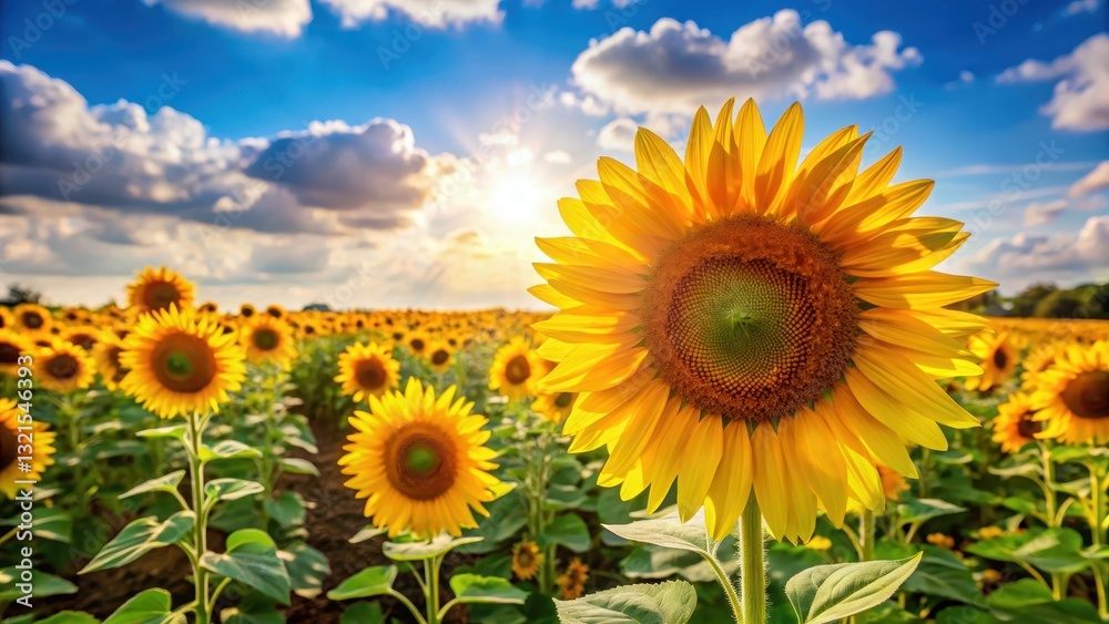 Sunny day with a bright sunflower field in full bloom, capturing the vibrant colors of summer and the joy of warmth on a warm July morning , nature, warm weather Sunny day with a bright sunflower field in full bloom, capturing the vibrant colors of summer and the joy of warmth on a warm July morning , nature, warm weather