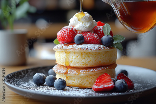 Fluffy Japanese souffle pancakes topped with fresh strawberries, blueberries, and whipped cream, drizzled with syrup, creating delightful breakfast treat