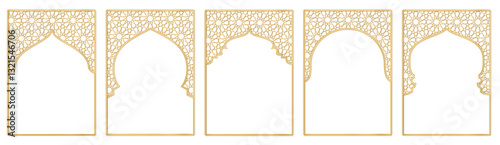 Golden islamic windows, mosque doors with traditional pattern. Ramadan or Al-Adha golden decoration, holiday frames. Vertical format for cards or social media. Transparent background in vector file.