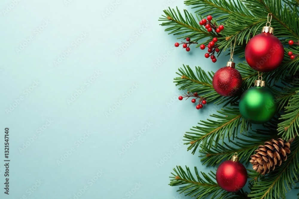 Decorative evergreen branches with red and green ornaments, pinecones, and berries, pinecones, winter Decorative evergreen branches with red and green ornaments, pinecones, and berries, pinecones, winter
