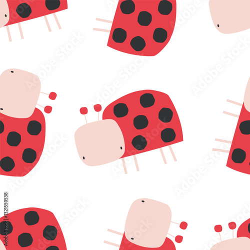 Vector seamless pattern with cute red ladybugs on white background. Insects. Perfect for kids' wallpaper, fabric, wrapping paper, and nursery decor.