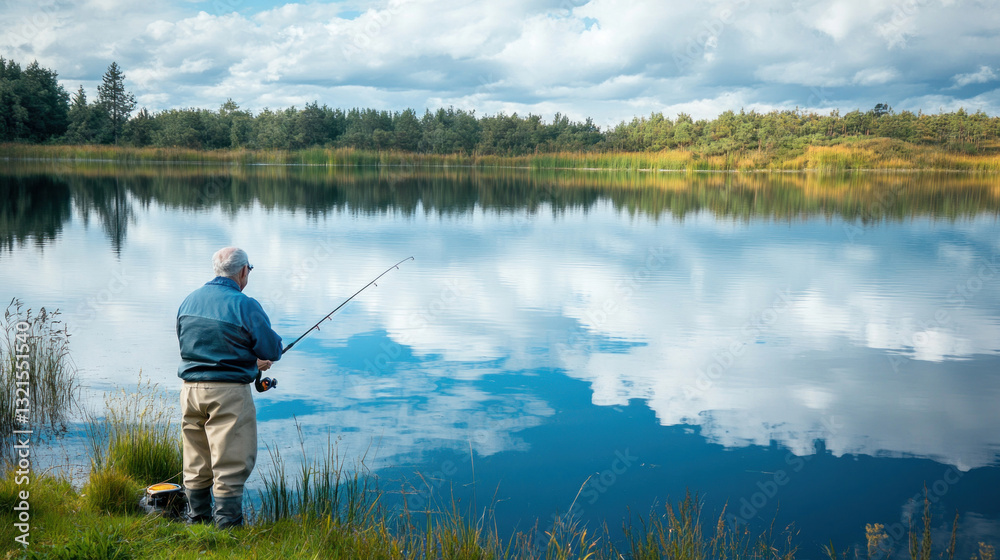 Senior fisherman enjoying peaceful fishing on calm lake with cloudy sky reflection Senior fisherman enjoying peaceful fishing on calm lake with cloudy sky reflection