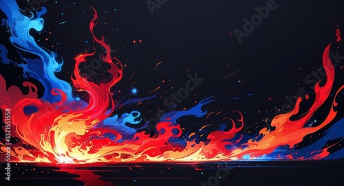 Abstract red blue spiral flame burning sparks anime on plain dark black background illustration