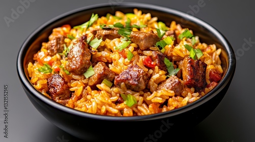 Close Up of Savory Beef and Rice Dish in Dark Bowl photo