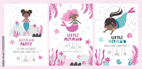 Vector set of children's birthday party invitation templates. Mermaid party. Kids party in sea style. Cute girl mermaid, shells, pink cake. Baby shower. Baby Girl. Happy Birthday card. Newborn party.