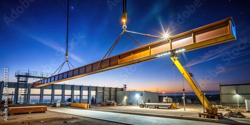Industrial steel beam lifted by crane cable at night, industrial scene, industrial setting
