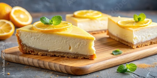 A slice of homemade lemon cheesecake with a graham cracker crust and a tangy lemon topping on a wooden cutting board