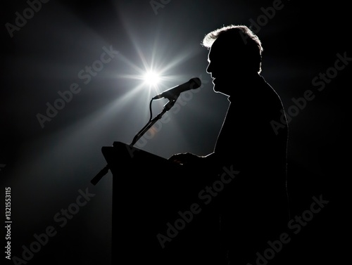 A person speaking at a microphone, likely giving a presentation or speech