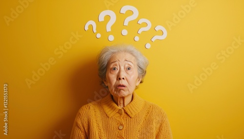 Elderly woman with question marks above head