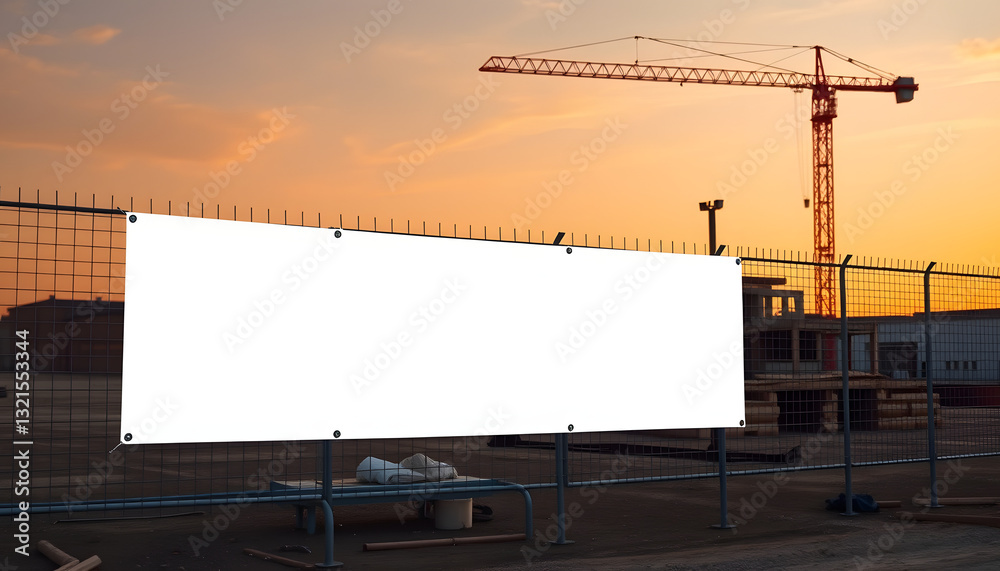 Obraz premium Blank white banner for advertisement on the fence of construction site, silhouette. White tone