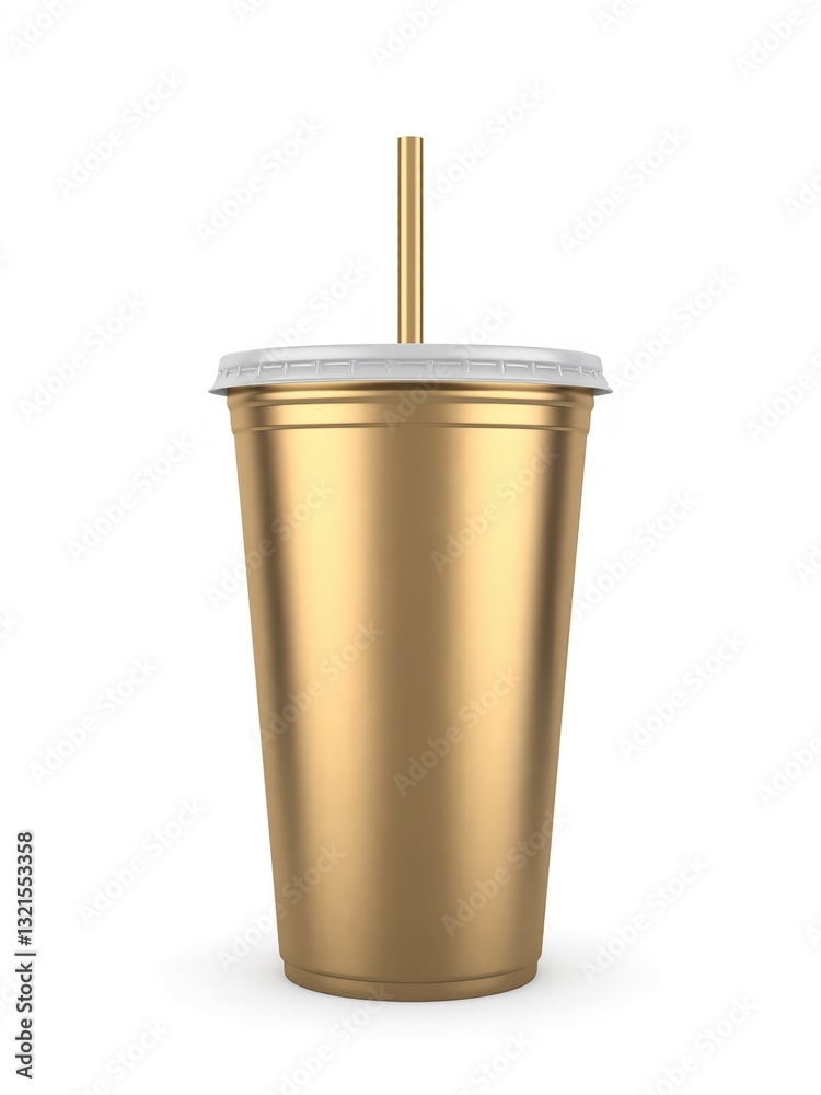 3D Rendering of gold disposable cup with straws. Isolated on white background 3D Rendering of gold disposable cup with straws. Isolated on white background
