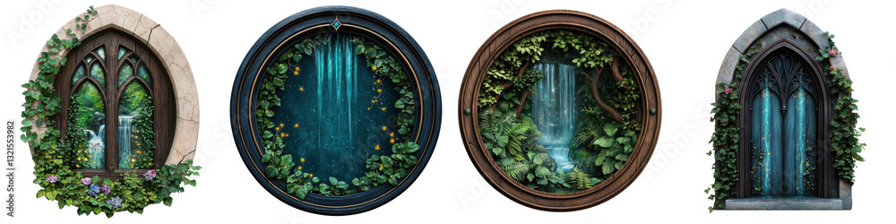Obraz premium Enchanting Otherworldly Landscape with Mystical Water Features and Lush Foliage in a Fairytale like Setting A mysterious and serene scene featuring a hidden waterfall enchanted forest