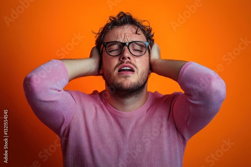 Frustrated Man Portrait Vibrant Orange Background Pop Art Style Expression Fear Anxiety Shock