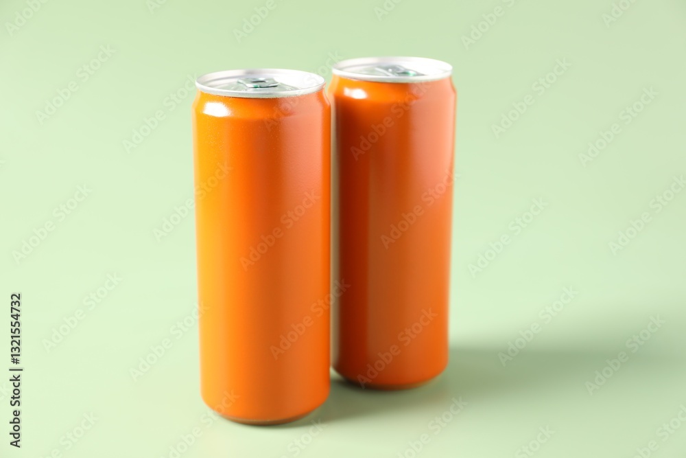 Orange aluminium cans of beverage on pale green background Orange aluminium cans of beverage on pale green background
