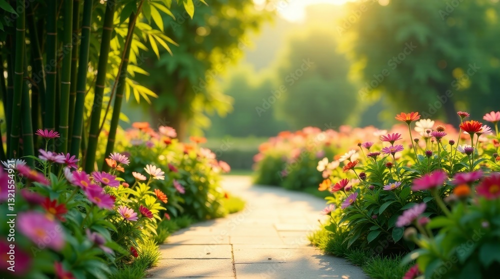 Serene Pathway Through a Sunlit Garden with Vibrant Blossoms and Lush Bamboo Serene Pathway Through a Sunlit Garden with Vibrant Blossoms and Lush Bamboo