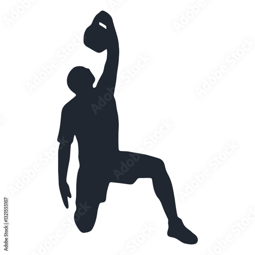 man kneeling with kettlebell silhouette.