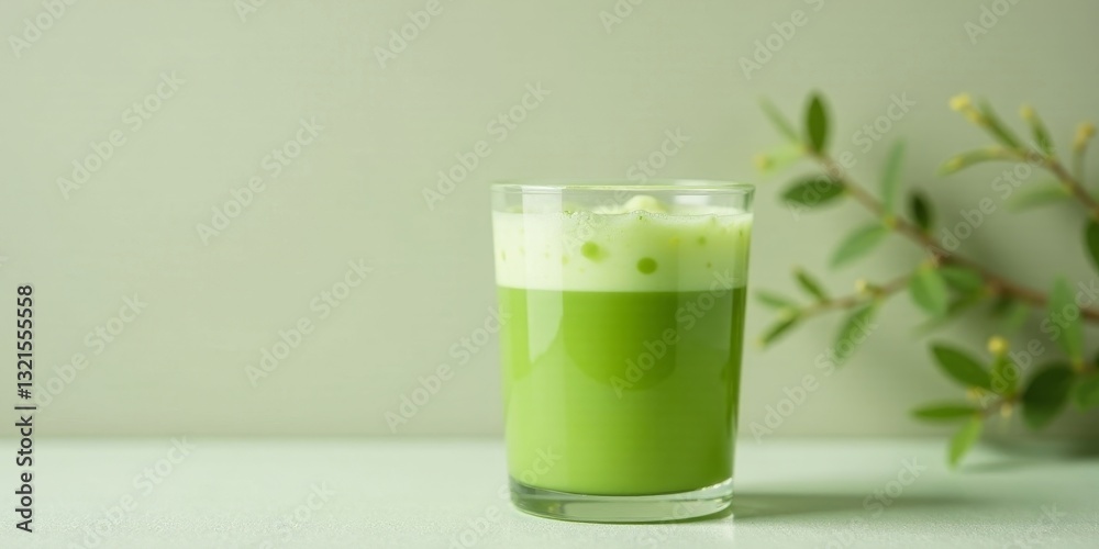 Refreshing Green Beverage in Glass with Foamy Top and Branch Refreshing Green Beverage in Glass with Foamy Top and Branch