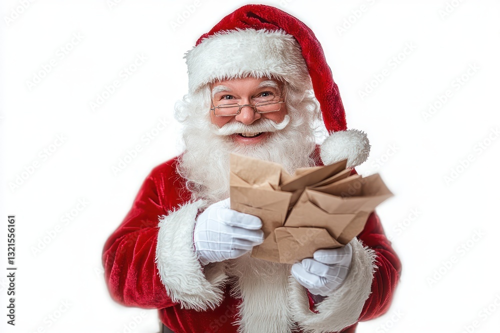 Cheerful Santa Claus Reading Letters and Wishes on White Background Cheerful Santa Claus Reading Letters and Wishes on White Background
