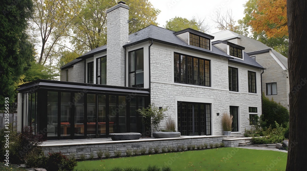 Fototapeta premium Striking contemporary home showcasing white stucco walls and modern architectural design surrounded by lush greenery