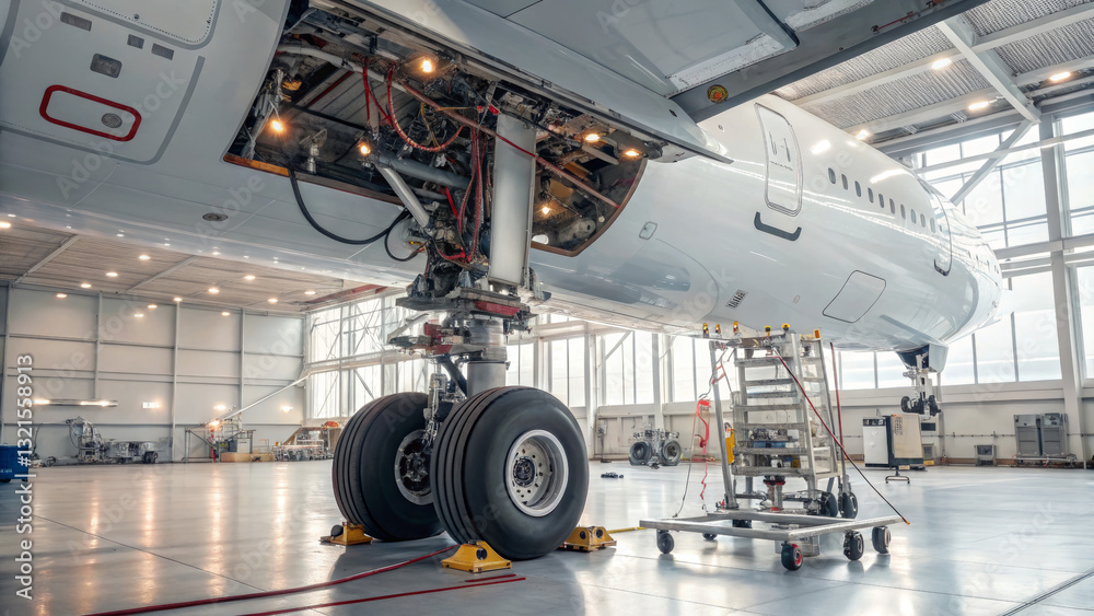 Airplane landing gear in maintenance hangar with exposed wiring Airplane landing gear in maintenance hangar with exposed wiring