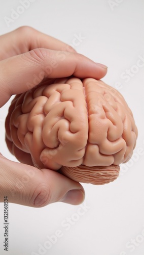 White-background image showcases detailed human brain model with visible texture in hand photo