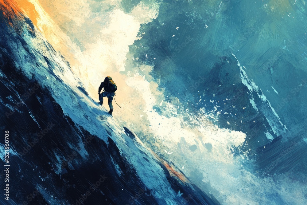 A climber scaling a mountain as an avalanche roars A climber scaling a mountain as an avalanche roars