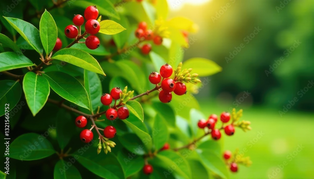 Green shrub with bright red rowan berries and flowers in a sunny garden, landscape, foliage Green shrub with bright red rowan berries and flowers in a sunny garden, landscape, foliage