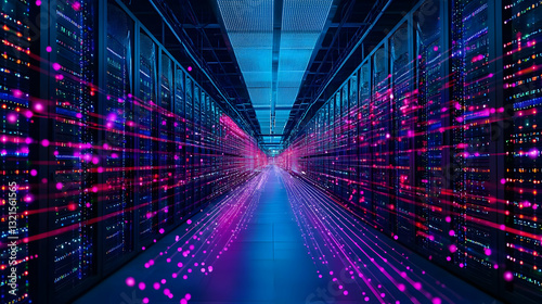 Wallpaper Mural Futuristic Data Center With Glowing Pink And Purple Data Streams And Modern Server Racks In A Dark Room With Blue Floor Torontodigital.ca