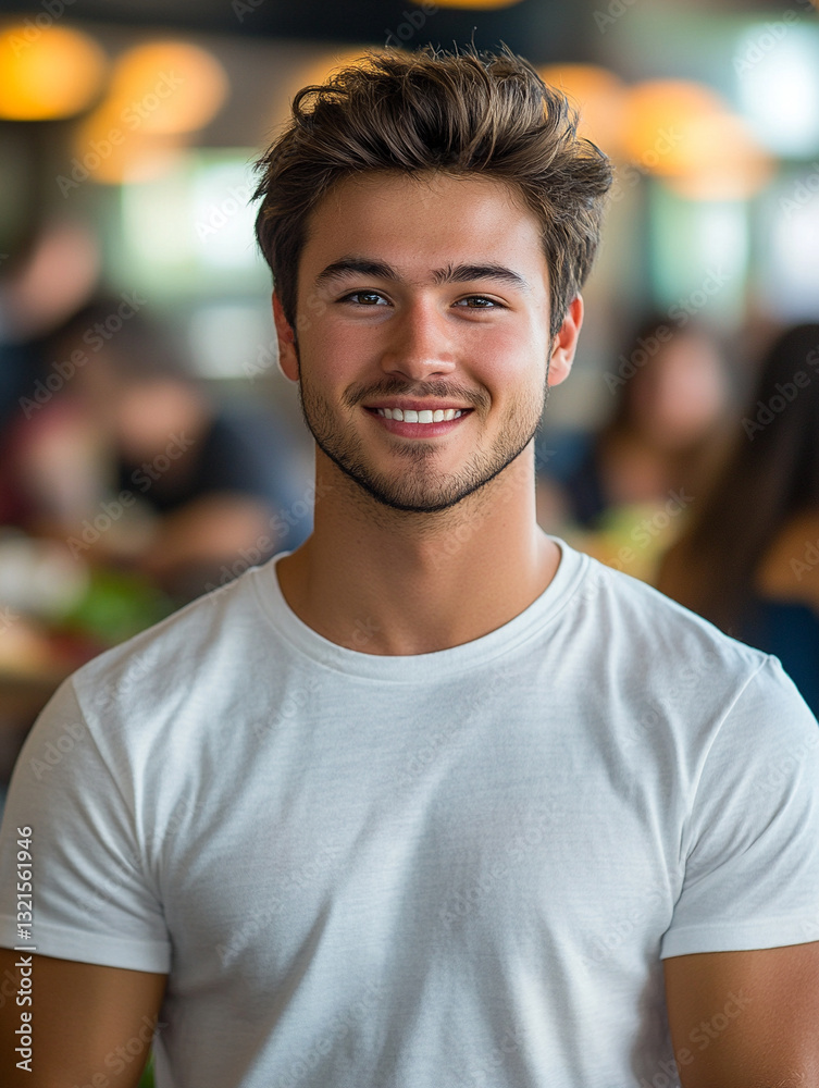 Young man smiling in a lively restaurant setting Young man smiling in a lively restaurant setting