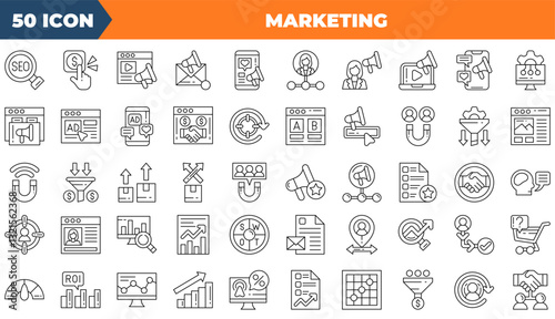 Marketing icon set. Containing Management, seo, target,and more. Line vector icons collection.